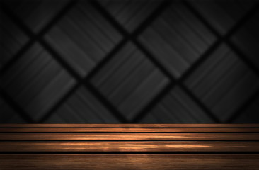 Dark room, wooden table. Empty stage with a table.