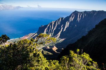 Nā Pali Coast in Hawaii - Kauai: jagged cliffs, blue ocean, lush vegetation