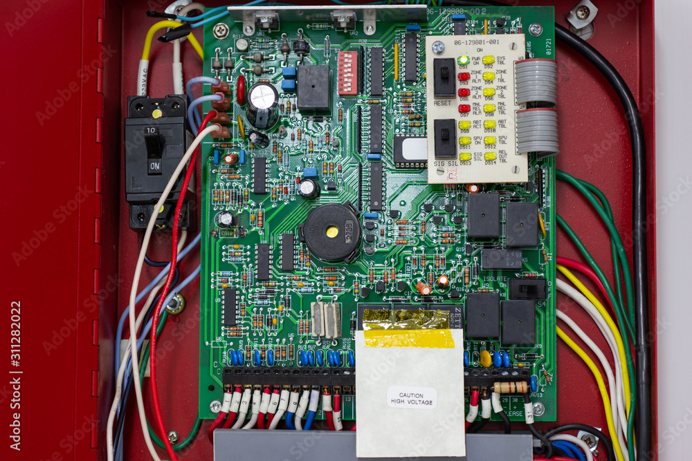 Poster control voltage switchboard with circuit breakers for main swith