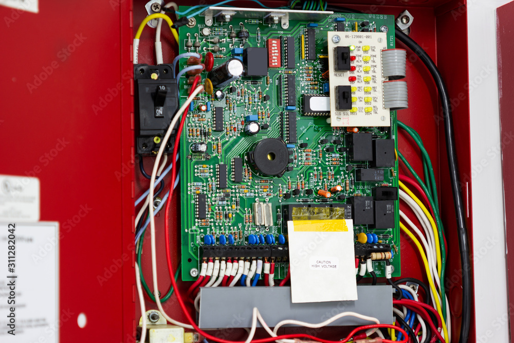 Poster control voltage switchboard with circuit breakers for main swith