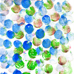 Fototapeta na wymiar Red, green and blue watercolor circles on white background. Colorful hand drawn abstract wallpaper for your design. Bright gouache backdrop.