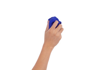 Man's hand holding blue microfiber cloth for cleaning isolated on white background. Concept is to clean house glass, auto glass, dining table, desk.