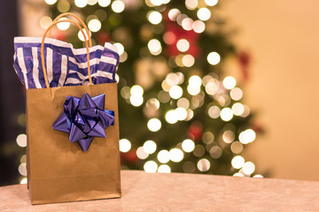 wrapped present bag near christmas tree