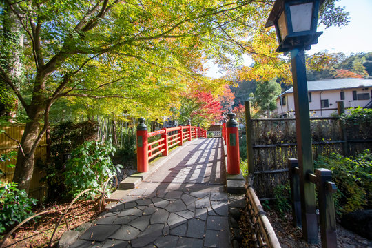 Red bridge named Kaede bridge at Shuzenji hot spring Shizuoka Japan.