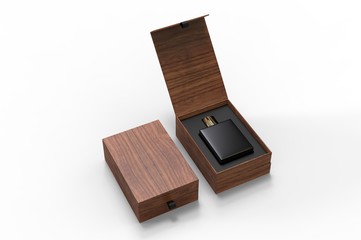 Blank perfume bottle in hard box for branding, 3d render illustration.