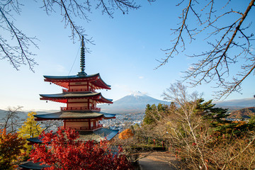 Mt. Fuji viewed from behind Five Storied Pagoda “Chureito” at Fujiyoshida city Yamanashi pref Japan.