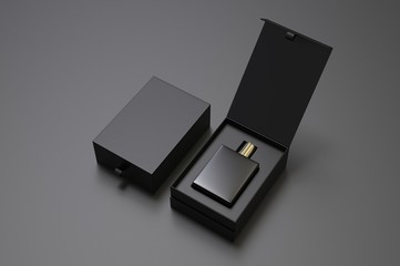 Blank perfume bottle in hard box for branding, 3d render illustration.