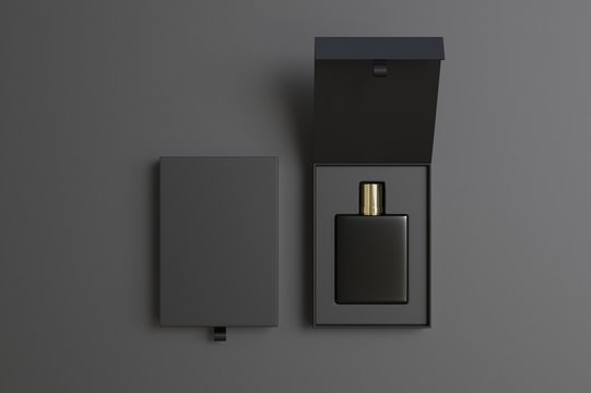 Blank perfume bottle in hard box for branding, 3d render illustration.