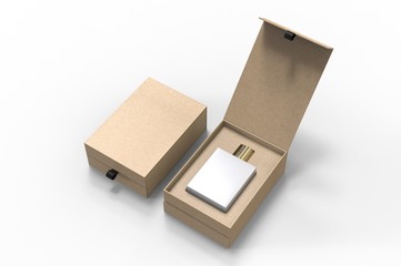 Blank perfume bottle in hard box for branding, 3d render illustration.