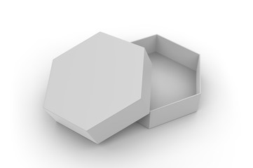 Blank hexagonal paper hard box for gift items and branding, 3d render illustration.