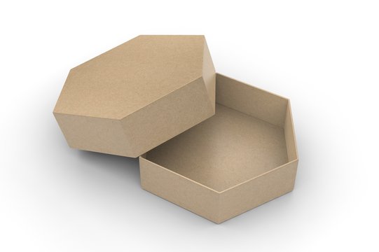 Blank hexagonal paper hard box for gift items and branding, 3d render illustration.