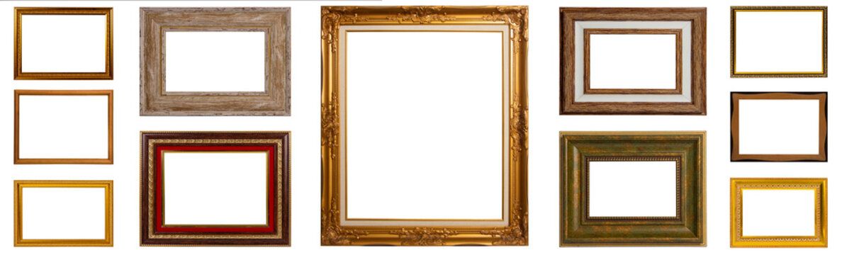 Single golden wooden frame isolated on white background