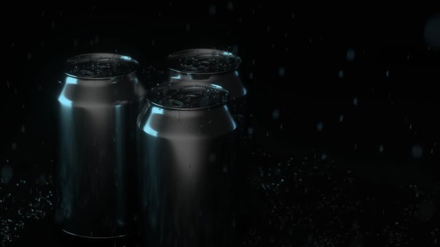 The rain drops fell on cans, cans with dark background, 3d rendering. Computer digital drawing.