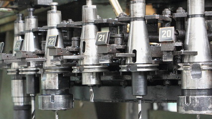 Collet tool holders on metal cutting machine tool close up, Metalworking instrument