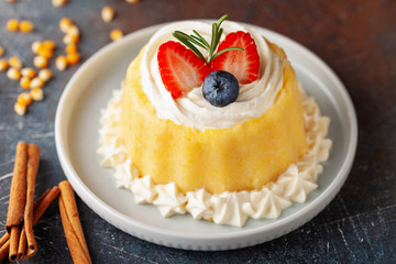 Sweet dessert of corn cereal and whipped cream with berries