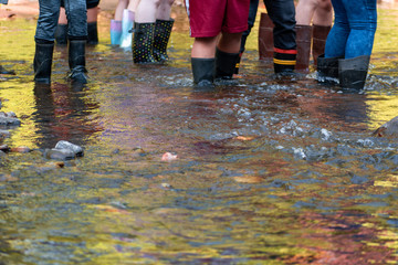 Students from a city school visit a local river to study the stream and determine if the water is healthy. Landscape, horizontal orientation.