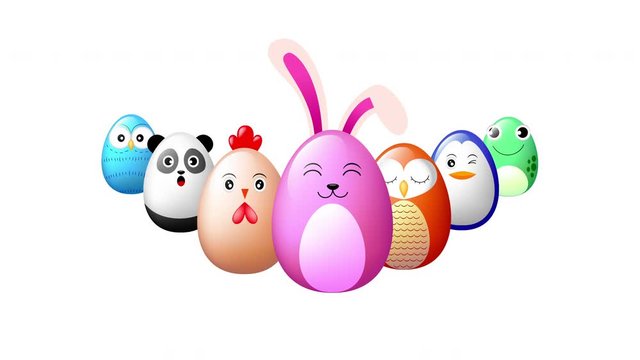 Animal oval characters design. Rabbit, hen, owl, penguin, panda, frog. Animation on white background.