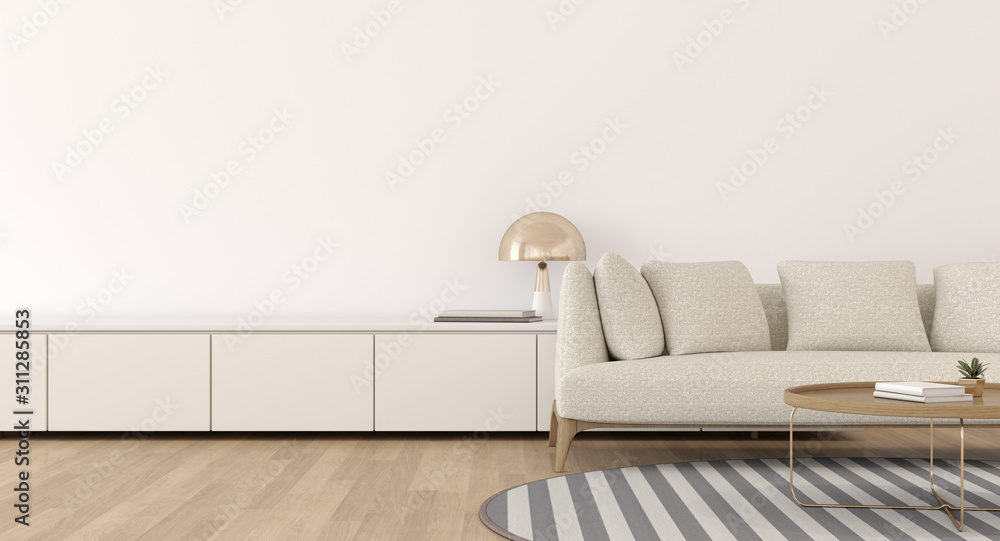 Poster view of minimal living room with sofa on empty wall background. white interior with cabinet and gold