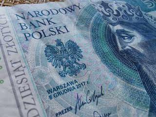 Polish Zloty. Official Currency of Poland in Denominations. Zlotych Macro Shot.