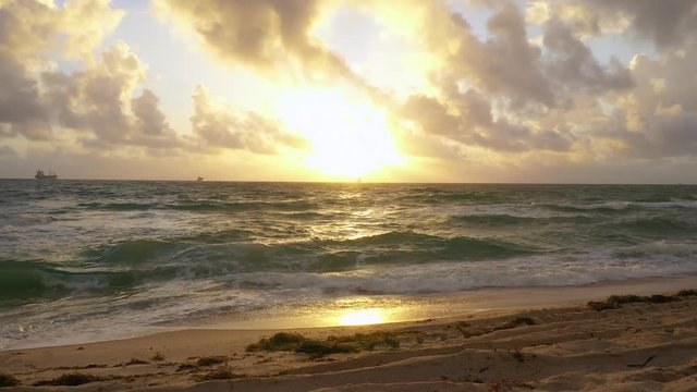 4K Ft Lauderdale Beach Aerail at Sunrise Low Flying Drone Over Wave Blue Sky