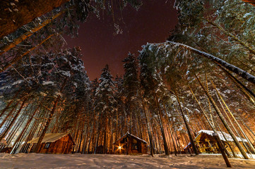 Hutrural, fir, frost, cottage, season, snowy, celebration, pine, snowfall, north, xmas, roof, chalet, outdoors, travel, landscape, wooden, home, nature, house in the woods on a winter Christmas night.