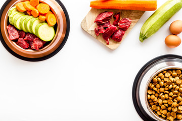 Pet feed ingredients. Raw meat and fresh vegetables near bowl with dry feed on white background top-down copy space