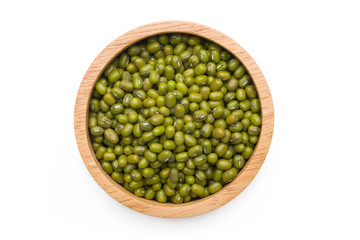 Top view (Flat lay) of Mung beans in a wooden bowl on white background with clipping path.