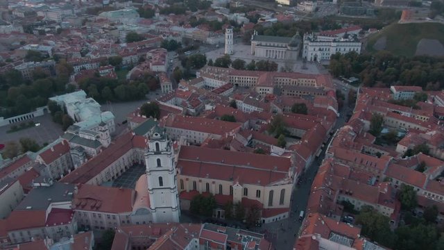Drone shot of Vilnius on sunset