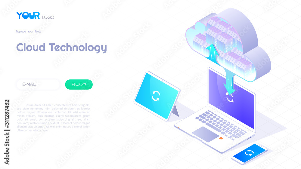Poster cloud computing service concept, cloud data storage 3d isometric and cloud technology icon banner fo