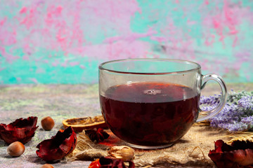 Red Hot Hibiscus tea in a glass mug