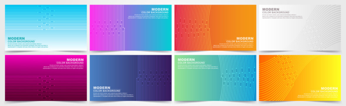 collection of colorful gradient banners with geometric textures and abstract lines.