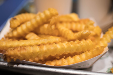 Macro shot of Screw shaped french fries toasted evenly and crunchy