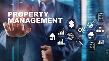 Obraz premium Property management. Business, Technology, Internet and network concept. Abstract Blurred Background.
