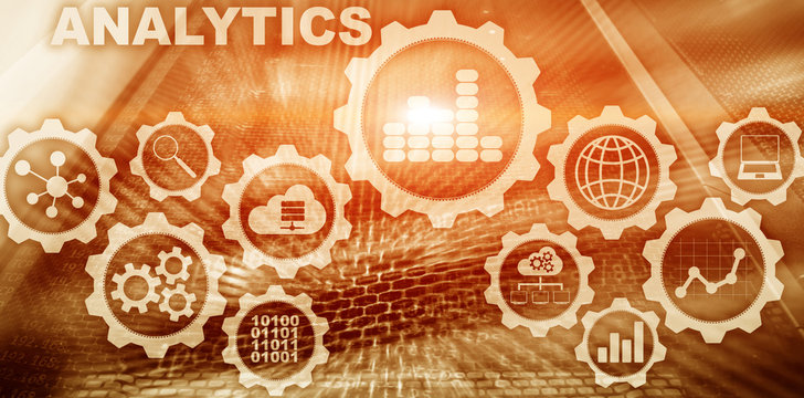 Technology Analytics concept on virtual screen. Big data with graph icons on a digital screen interface and a server room background