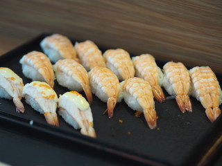 Sushi Japanese food Rice ball on top with Nama-Ebi