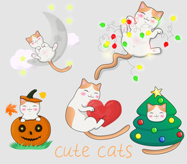 Set of kawaii cute cats. Vector graphics.
