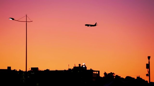 Large passenger airplane taking off or landing against beautiful purple sunset sky. Traveling by air flight. Freight aircraft transportation cargo. Start of the journey. End of the vacation.