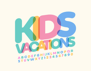 Vector bright logo Kids Vacation with creative Font. Colorful Alphabet Letters and Numbers