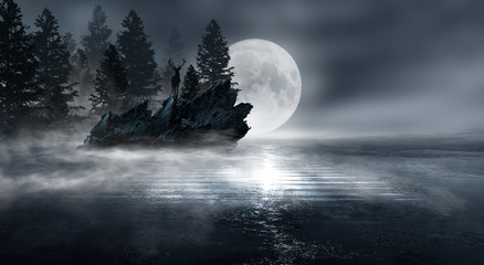 Futuristic night landscape with abstract forest landscape. Dark natural forest scene with reflection of moonlight in the water, neon blue light. Dark neon circle background, dark forest, deer, island.