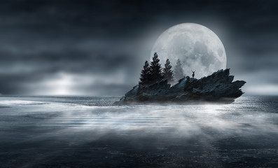 Paysage de nuit futuriste avec paysage forestier abstrait. Scène de forêt naturelle sombre avec reflet du clair de lune dans l& 39 eau, lumière bleu néon. Fond de cercle néon sombre, forêt sombre, cerf, île.