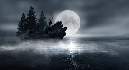 Foto op Plexiglas Futuristisch nachtlandschap met abstract boslandschap. Donkere natuurlijke bosscène met weerspiegeling van maanlicht in het water, neonblauw licht. Donkere neon cirkel achtergrond, donker bos, herten, eiland. © MiaStendal