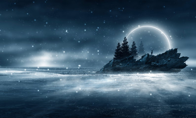 Futuristic night landscape with abstract forest landscape. Dark natural forest scene with reflection of moonlight in the water, neon blue light. Dark neon circle background, dark forest, deer, island.