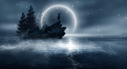 Futuristic night landscape with abstract forest landscape. Dark natural forest scene with reflection of moonlight in the water, neon blue light. Dark neon circle background, dark forest, deer, island.