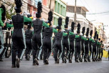 Close up and details of playing musicians, instruments in a marching, show band or music band