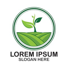 Vector logo design illustration for agriculture, farm, agronomy, rural country farming field, soil farm, crop field, pasture, milk, barn, nature, ecology, forestry, reforestation.