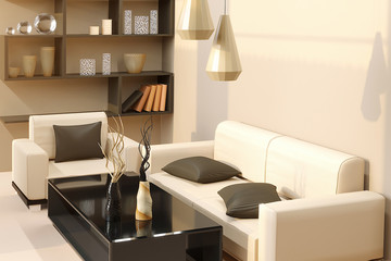 Living room interior in beige colors. 3d render illustration.