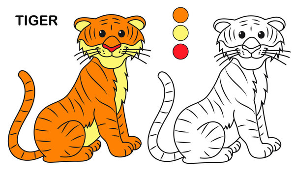 Tiger coloring book, cute cartoon character, for children's creativity, print.