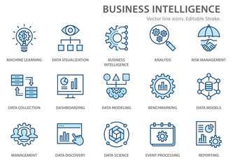 Business Intelligence icons set. Vector illustration. Editable stroke. - obrazy, fototapety, plakaty