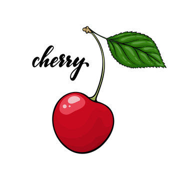 Beautiful cartoon red cherry with lettering text cherry. design for holiday greeting card and invitation of seasonal summer holidays, beach parties, tourism and travel.