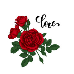 Word love. Hand drawn creative calligraphy and brush pen lettering with border of bouquet red roses and leaves. design holiday greeting card and invitation Valentine s day, Happy love day